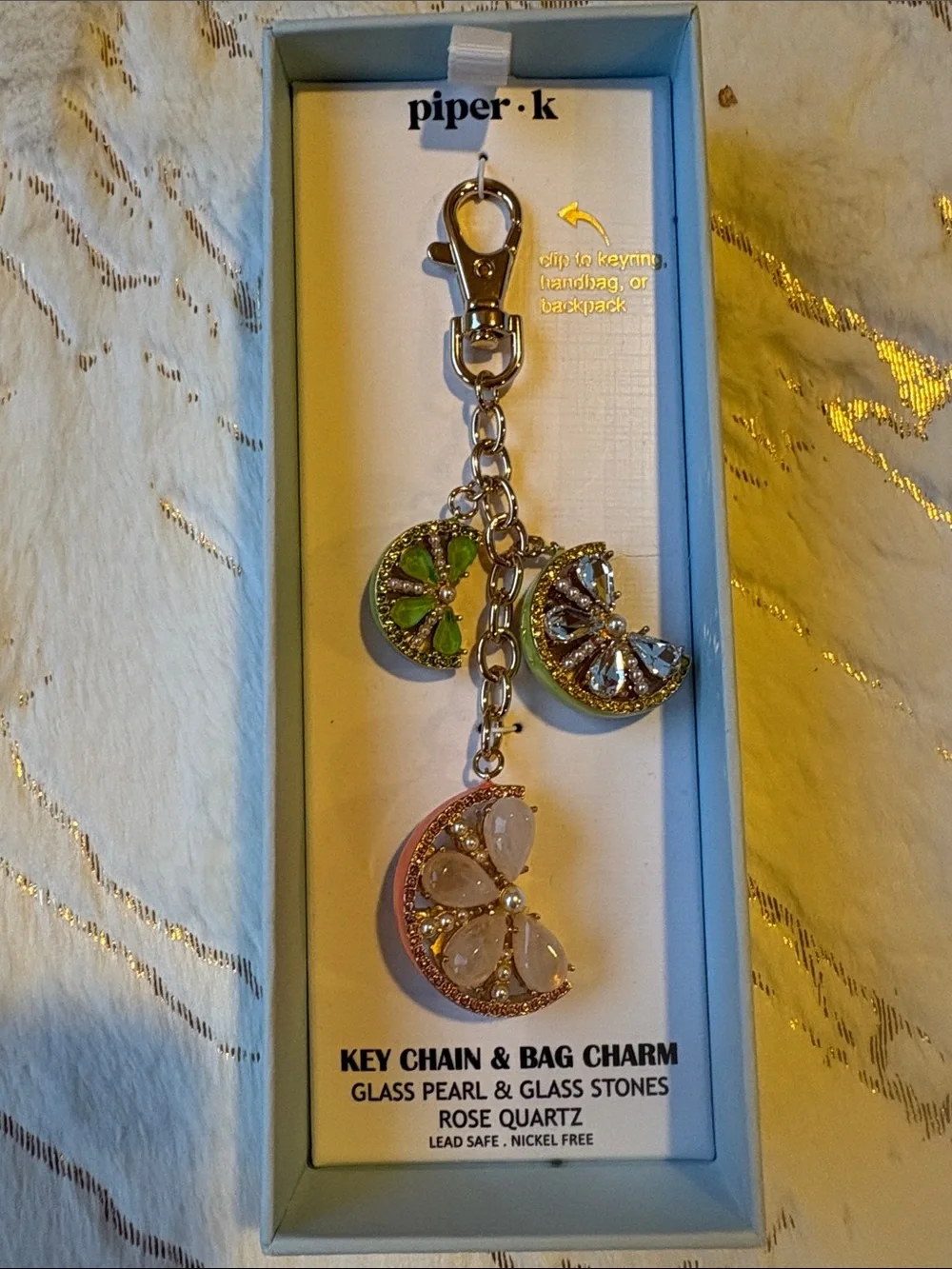 BNWT PIPER K Pink and Green Glass Stone Lemon Limes Key Chain Bag Charm